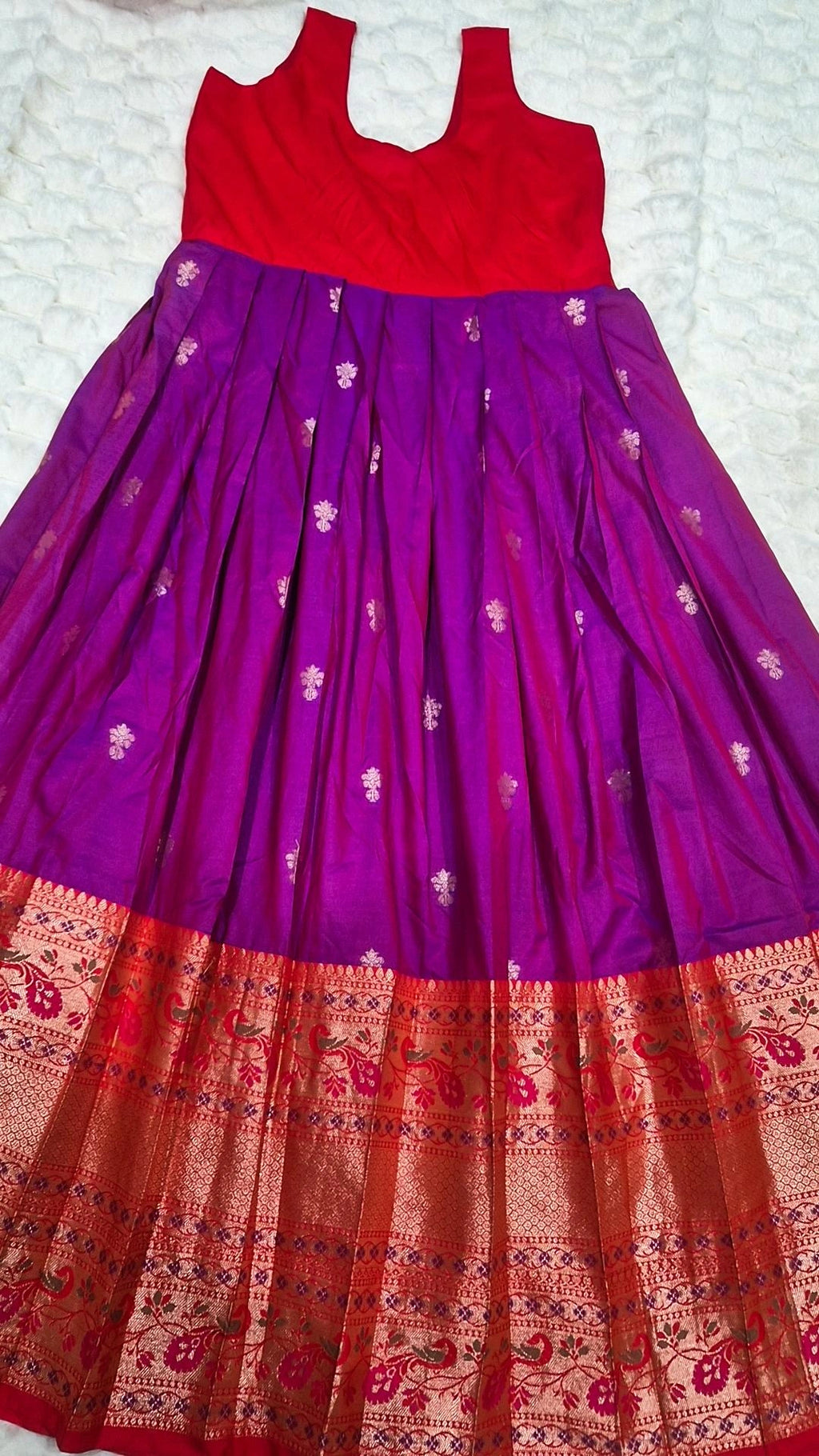 Kids pattu pavada purple silk skirt with gold butti motifs and red gold zari border