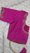 Magenta scalloped neckline paisley saree blouse - showing gold scrollwork on scalloped neckline and sleeves