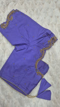 Lavender paisley scrollwork saree blouse - showing gold scrollwork on scalloped neckline and sleeves
