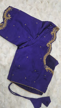 Royal navy gold leaf vine saree blouse - showing gold leaf and feather vine embroidery on neckline and sleeves