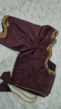 Dark chocolate gold leaf vine saree blouse - showing antique gold embroidery on neckline and sleeves