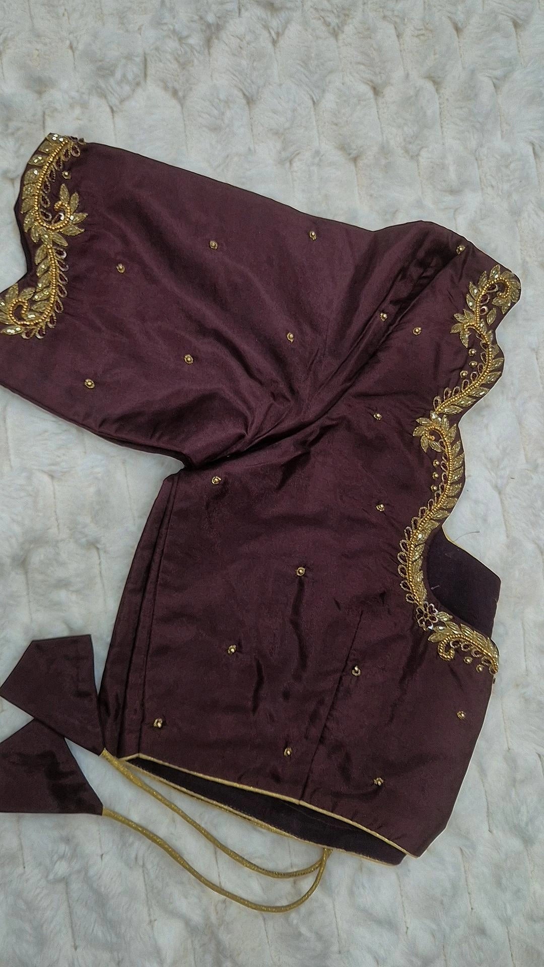 Dark chocolate gold leaf vine saree blouse - showing antique gold embroidery on neckline and sleeves