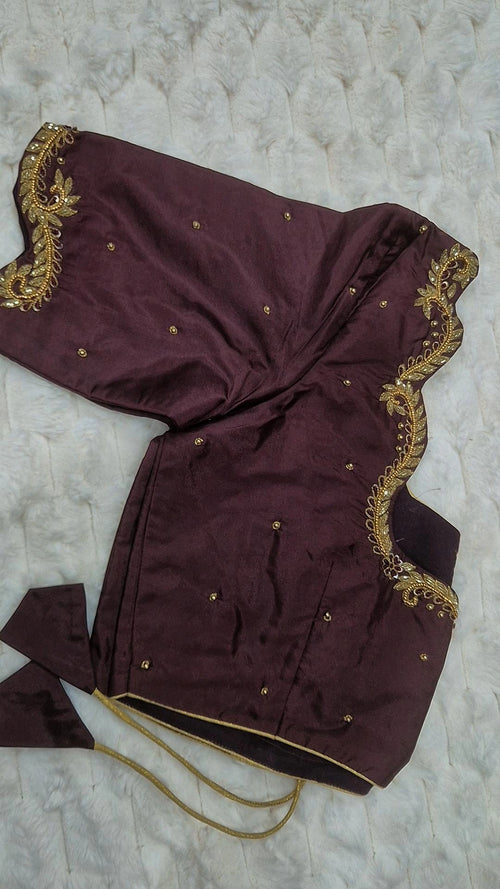 Dark chocolate gold leaf vine saree blouse - showing antique gold embroidery on neckline and sleeves
