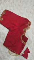 Crimson red gold leaf vine saree blouse - showing gold leaf and feather vine embroidery on neckline and sleeves