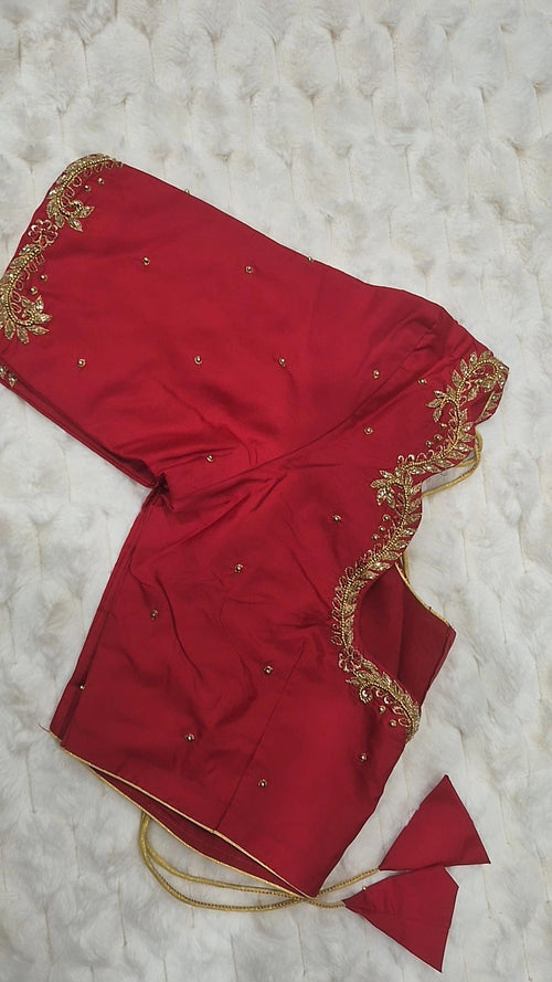 Crimson red gold leaf vine saree blouse - showing gold leaf and feather vine embroidery on neckline and sleeves