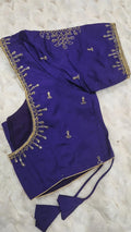 Indigo purple diamond lattice embroidery saree blouse - showing gold geometric lattice on shoulder and teardrop motifs
