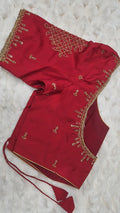 Maroon diamond lattice embroidery saree blouse - showing gold geometric lattice on shoulder and teardrop motifs