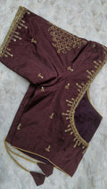 Dark plum diamond lattice embroidery saree blouse - showing gold geometric lattice on shoulder and teardrop motifs
