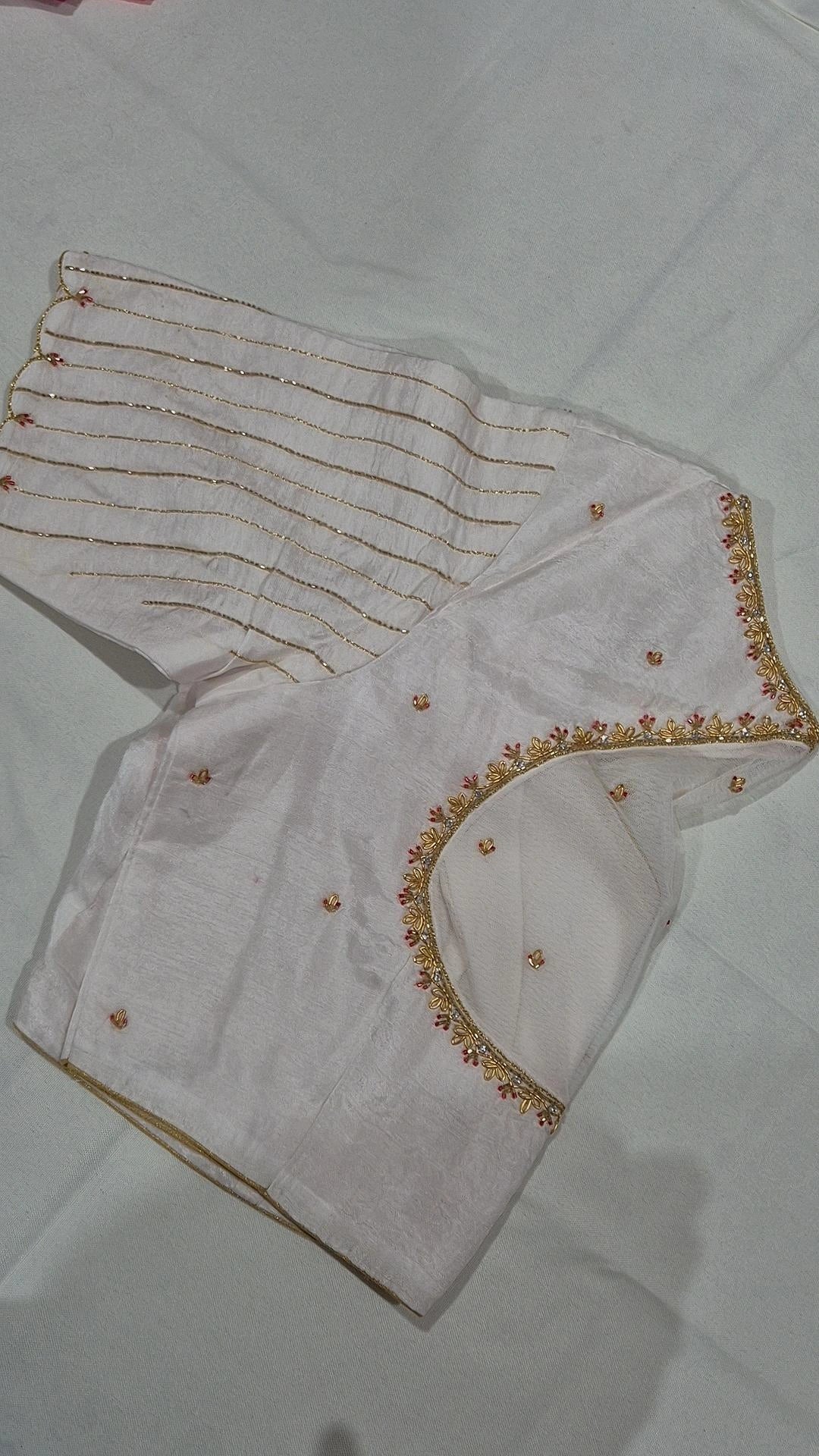 White floral hand work saree blouse - front view