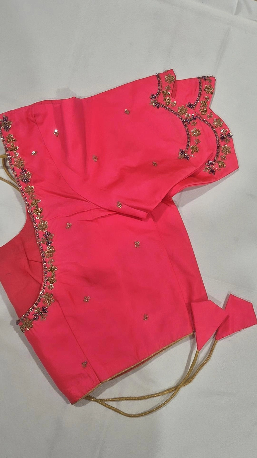 Coral pink hand work saree blouse - full view