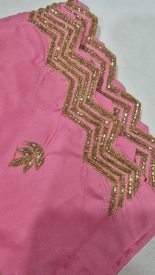 Baby pink saree blouse - close up of dramatic gold zigzag chevron neckline