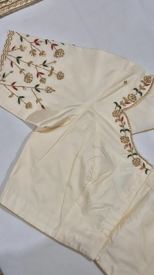 Cream floral hand work saree blouse - front view