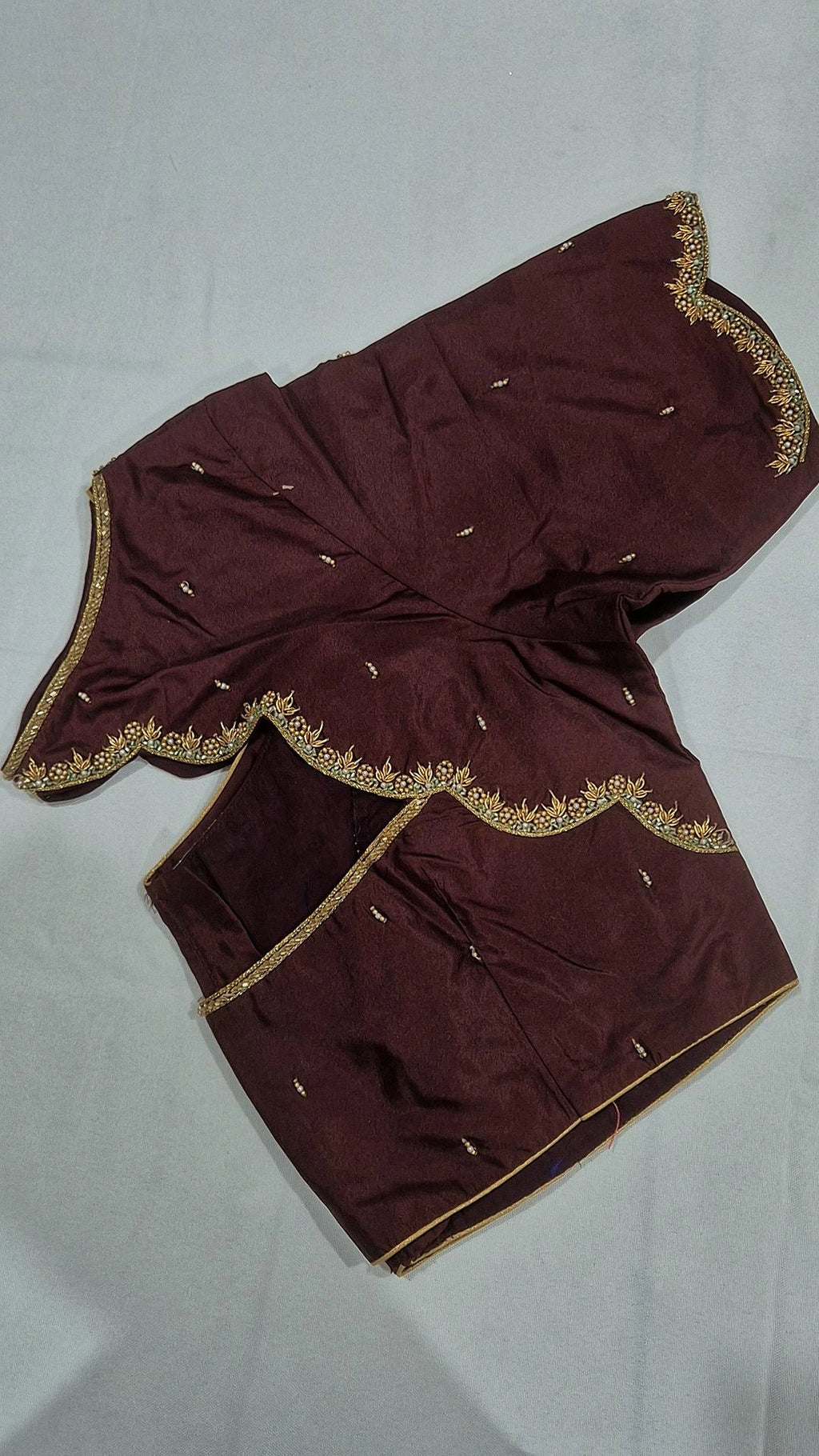 Wine maroon saree blouse - front view with scalloped border