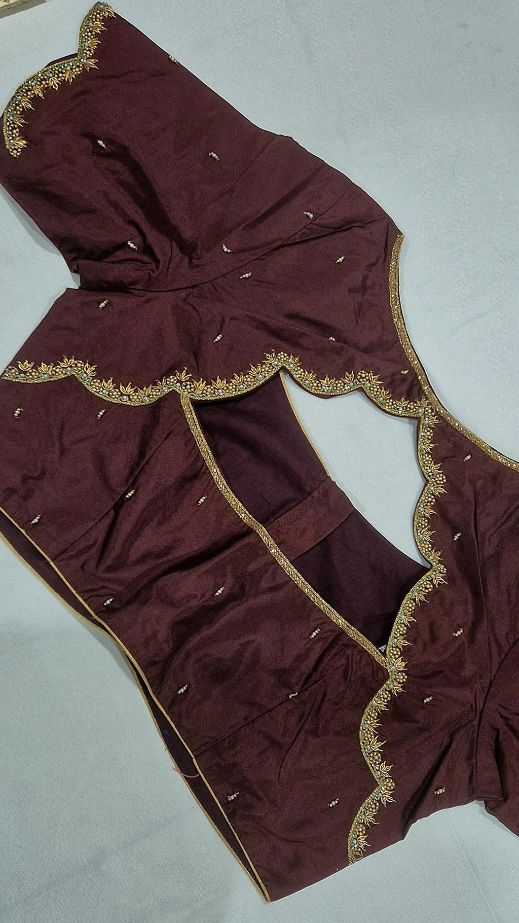 Wine maroon saree blouse - back view showing deep opening