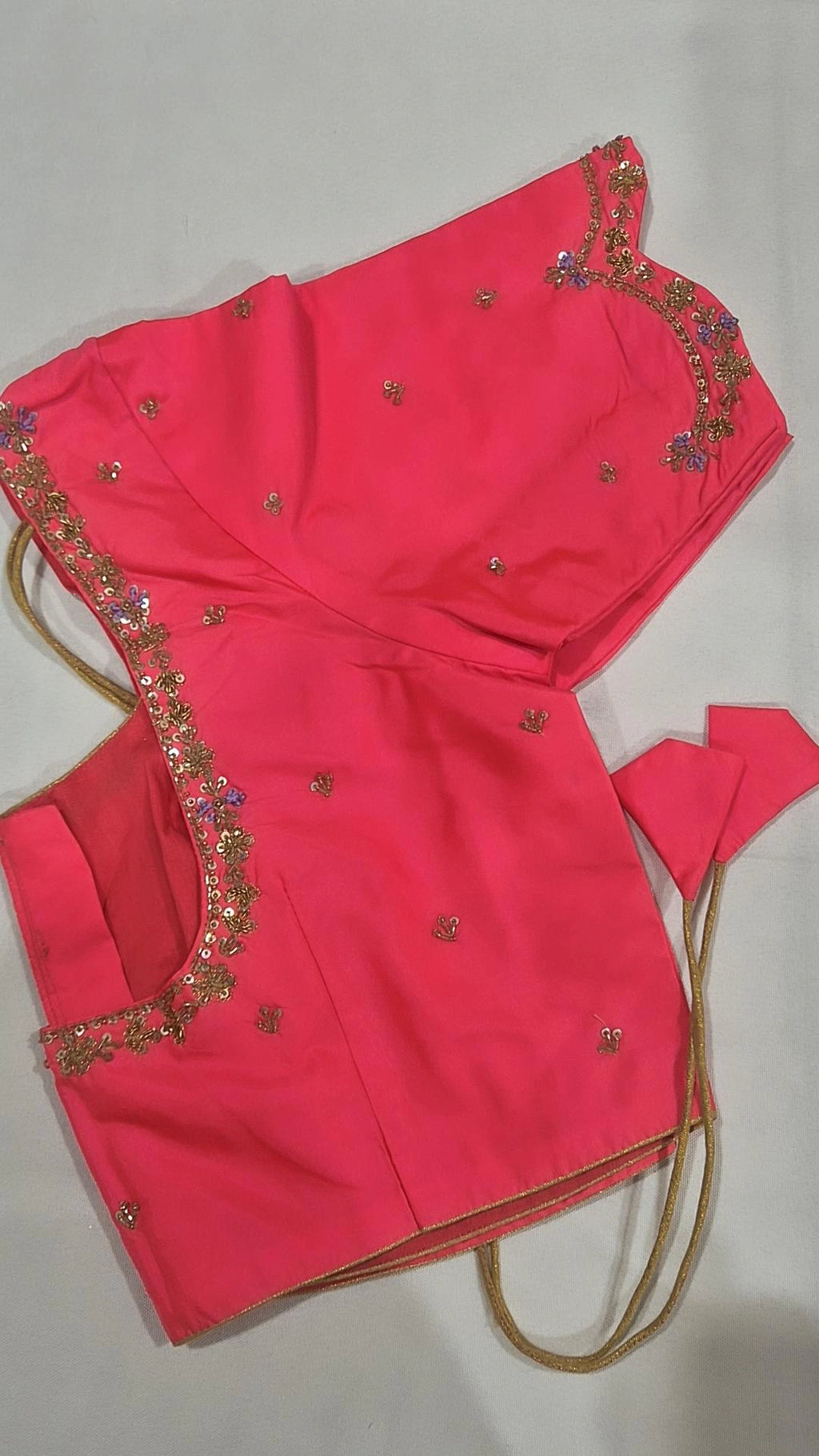 Hot pink sequin floral saree blouse - front view with tie-up back