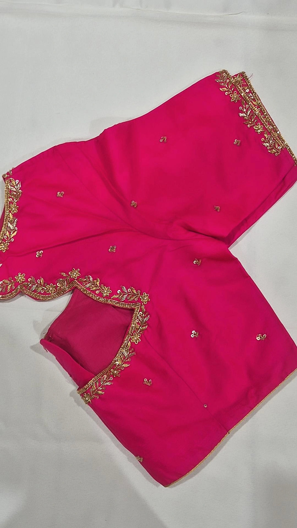 Fuchsia gold leaf vine saree blouse - front view