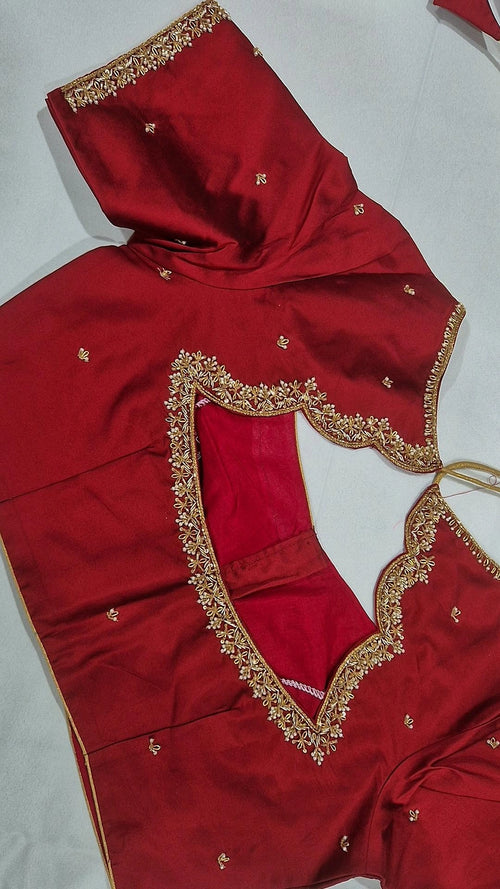 Bridal red V-back saree blouse - back view showing deep V opening