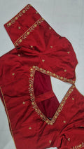 Bridal red floral vine saree blouse - back view showing shallow V opening