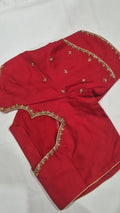 Bridal red heart back saree blouse - front view with gold floral border