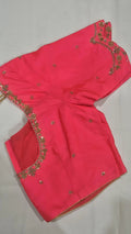 Coral pink sequin floral saree blouse - front view with round back opening