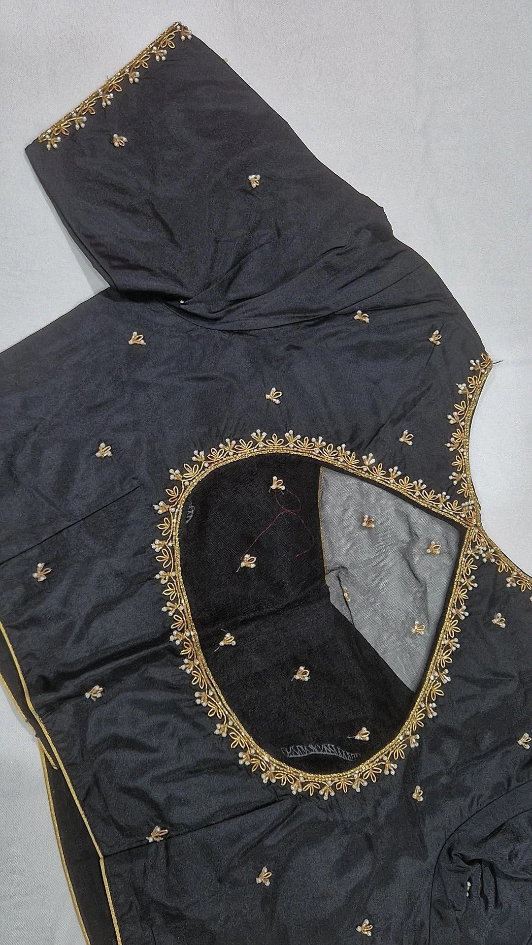 Black hand work saree blouse - back view