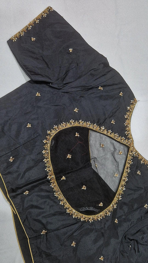 Black hand work saree blouse - back view