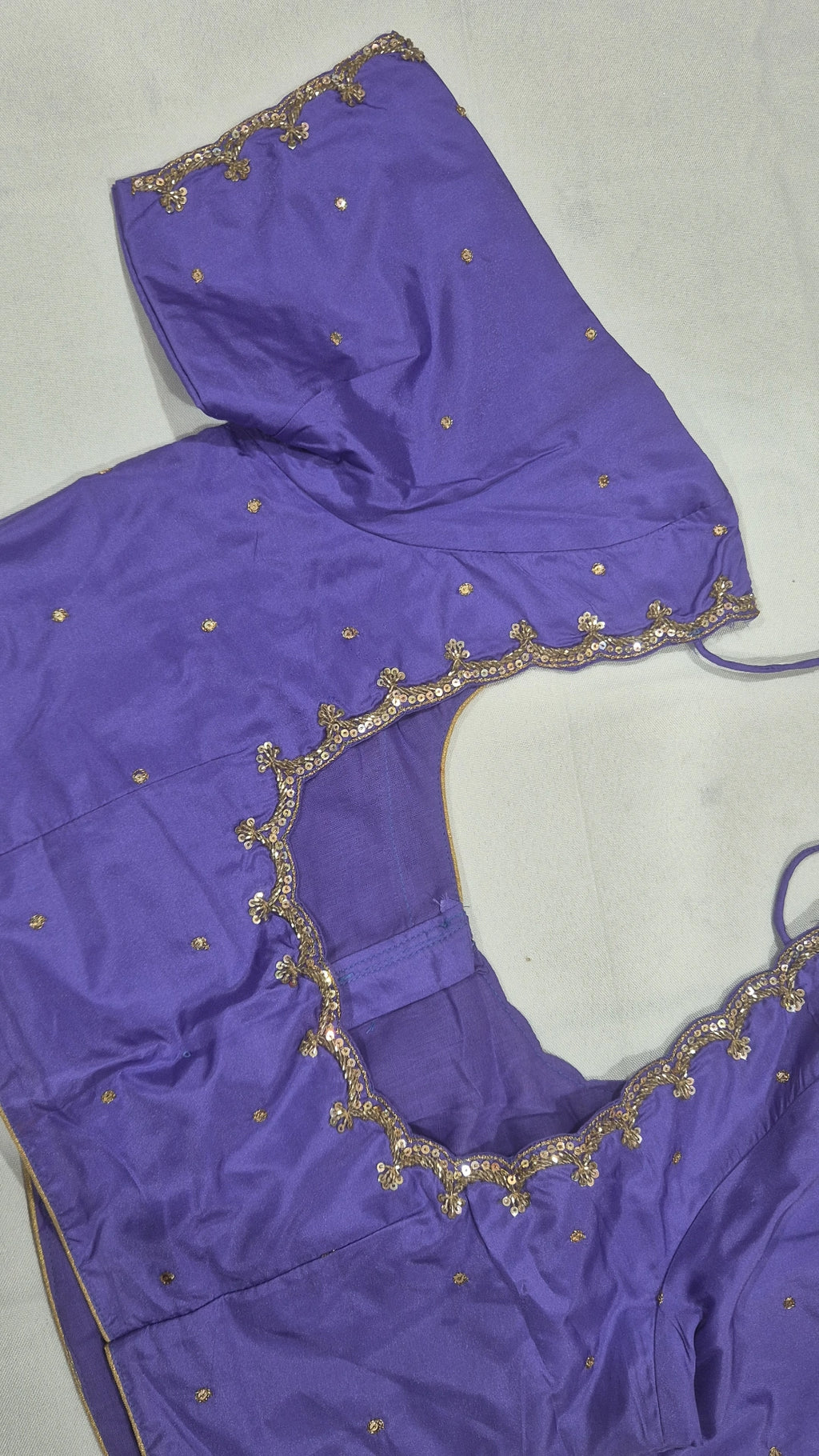 Violet hand work saree blouse - back view
