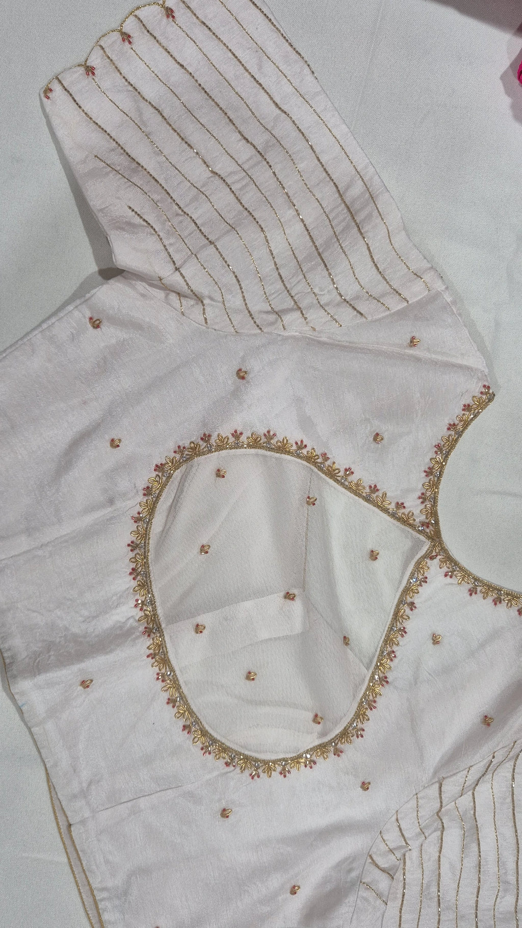 White floral hand work saree blouse - back view