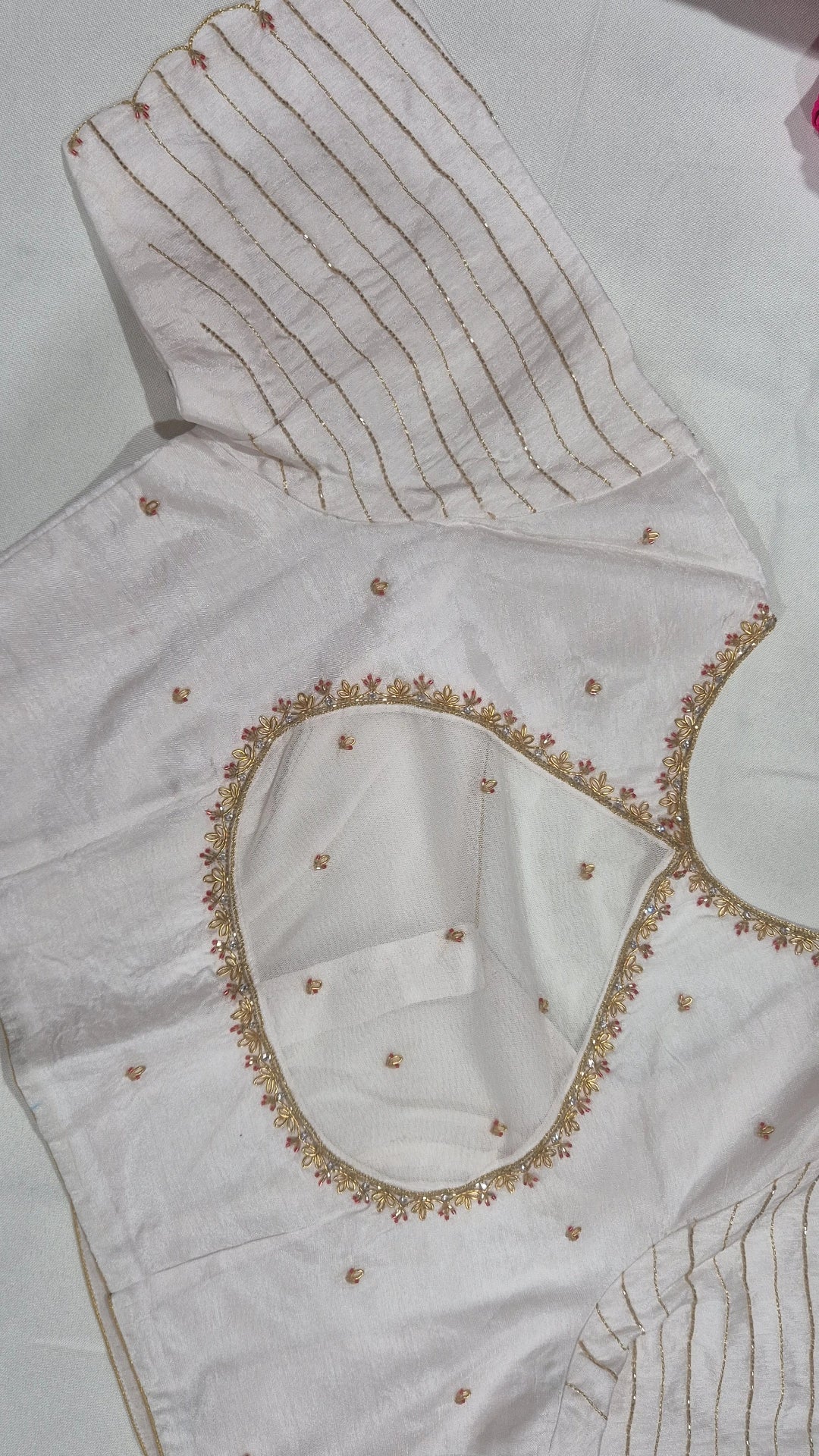 White floral hand work saree blouse - back view