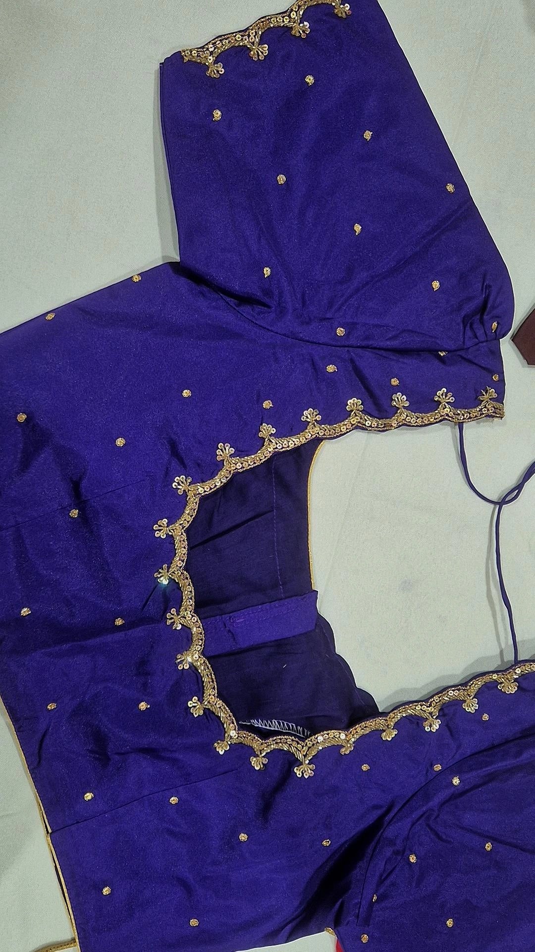 Purple hand work saree blouse - back view