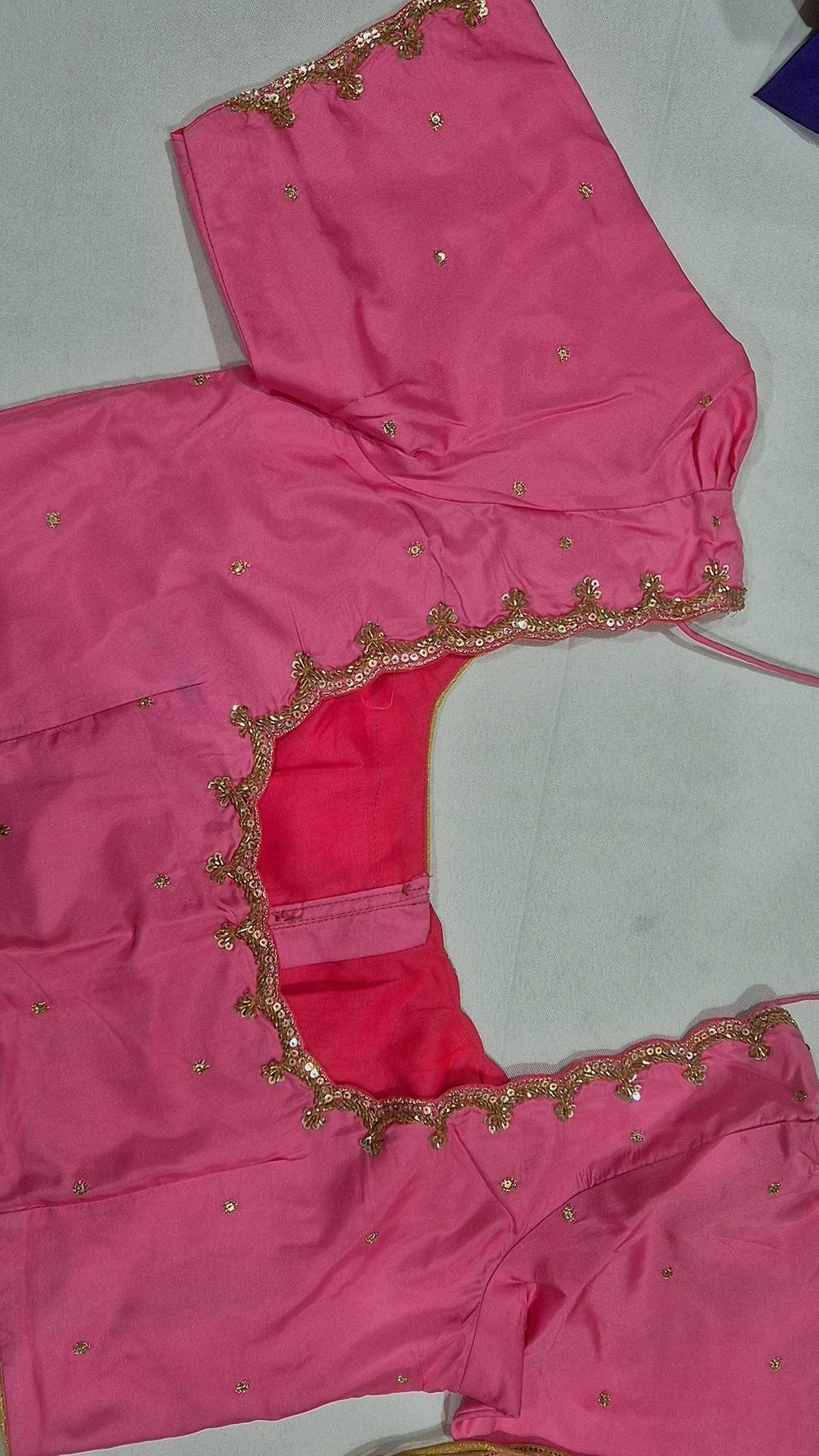 Pink hand work saree blouse - back view