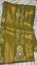Khadi Georgette saree teal with gold zari stripes and silver peacock temple arch motifs
