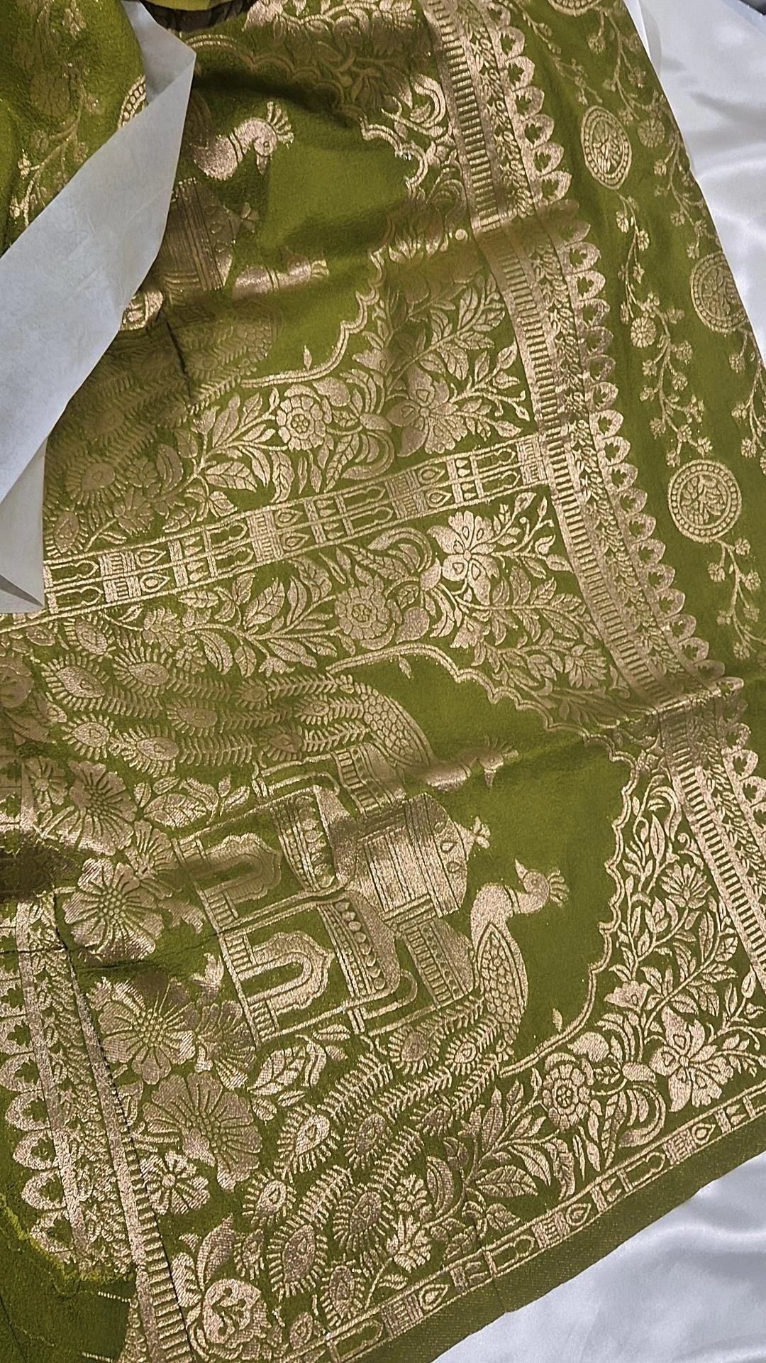 Khadi Georgette Saree – Mehendi Green with Gold Zari Peacock Motifs