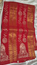 Khadi Georgette Saree – Red with Gold Zari Peacock Motifs