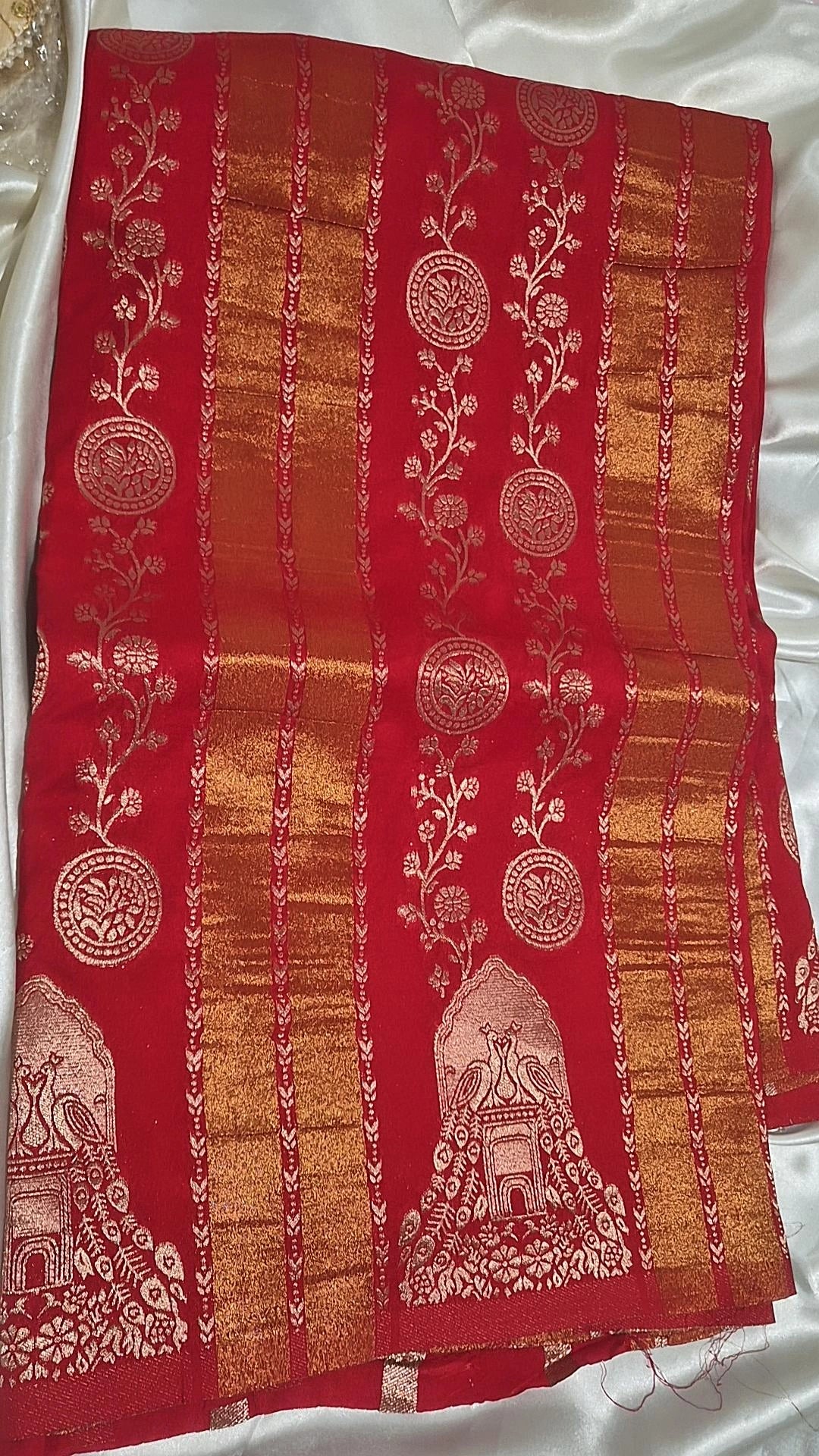 Khadi Georgette Saree – Red with Gold Zari Peacock Motifs