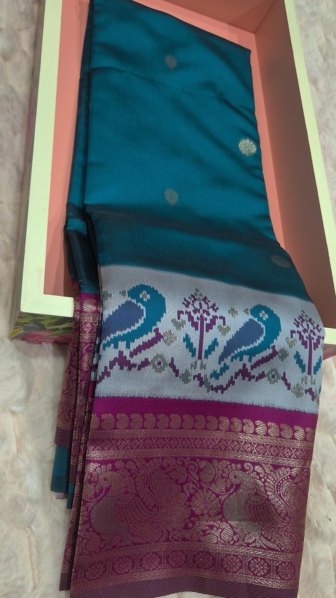 Pochampally soft silk saree teal with purple and silver peacock border