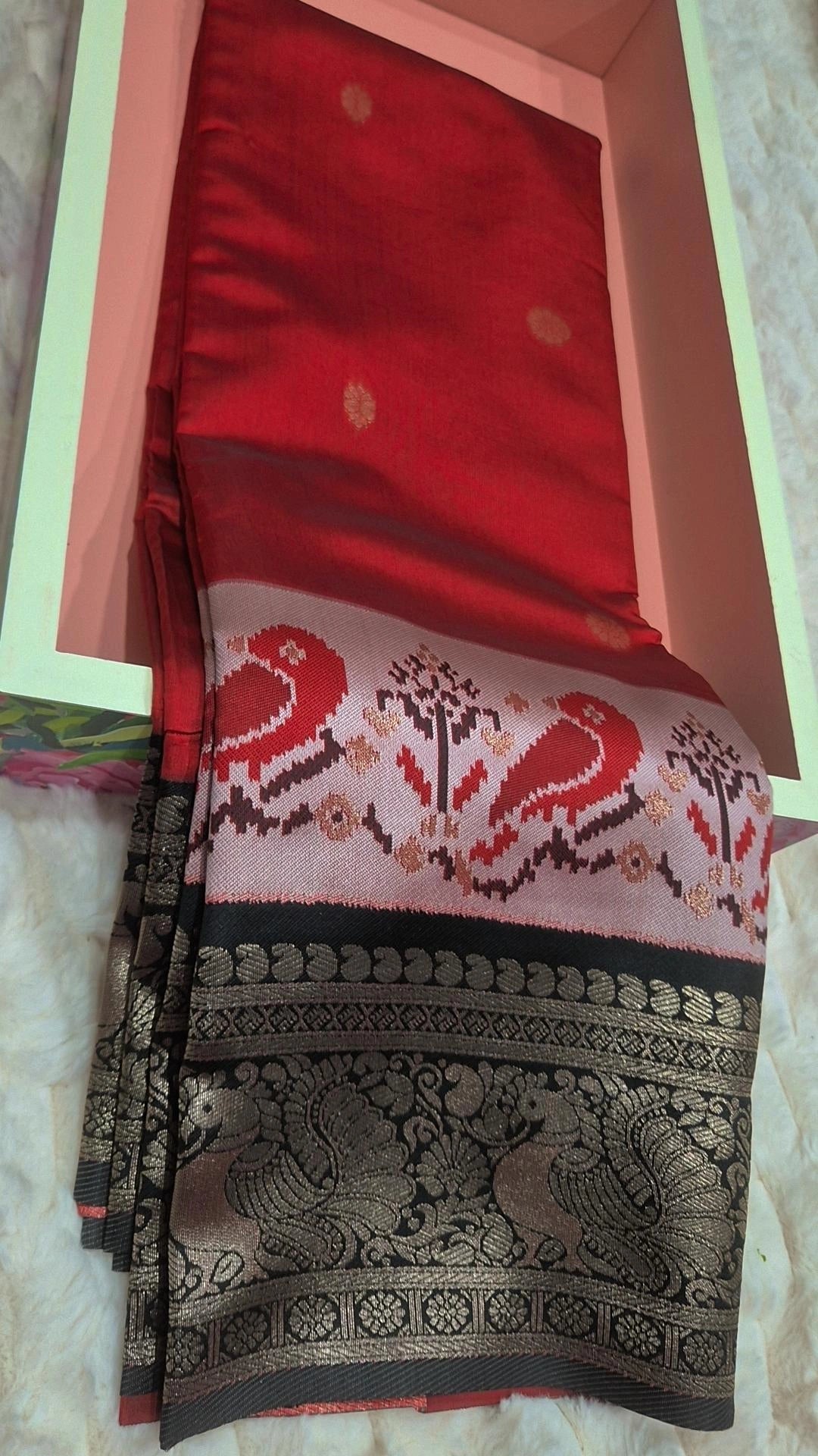 Pochampally soft silk saree red with black and silver peacock border