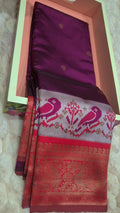 Pochampally soft silk saree purple with red and silver peacock border