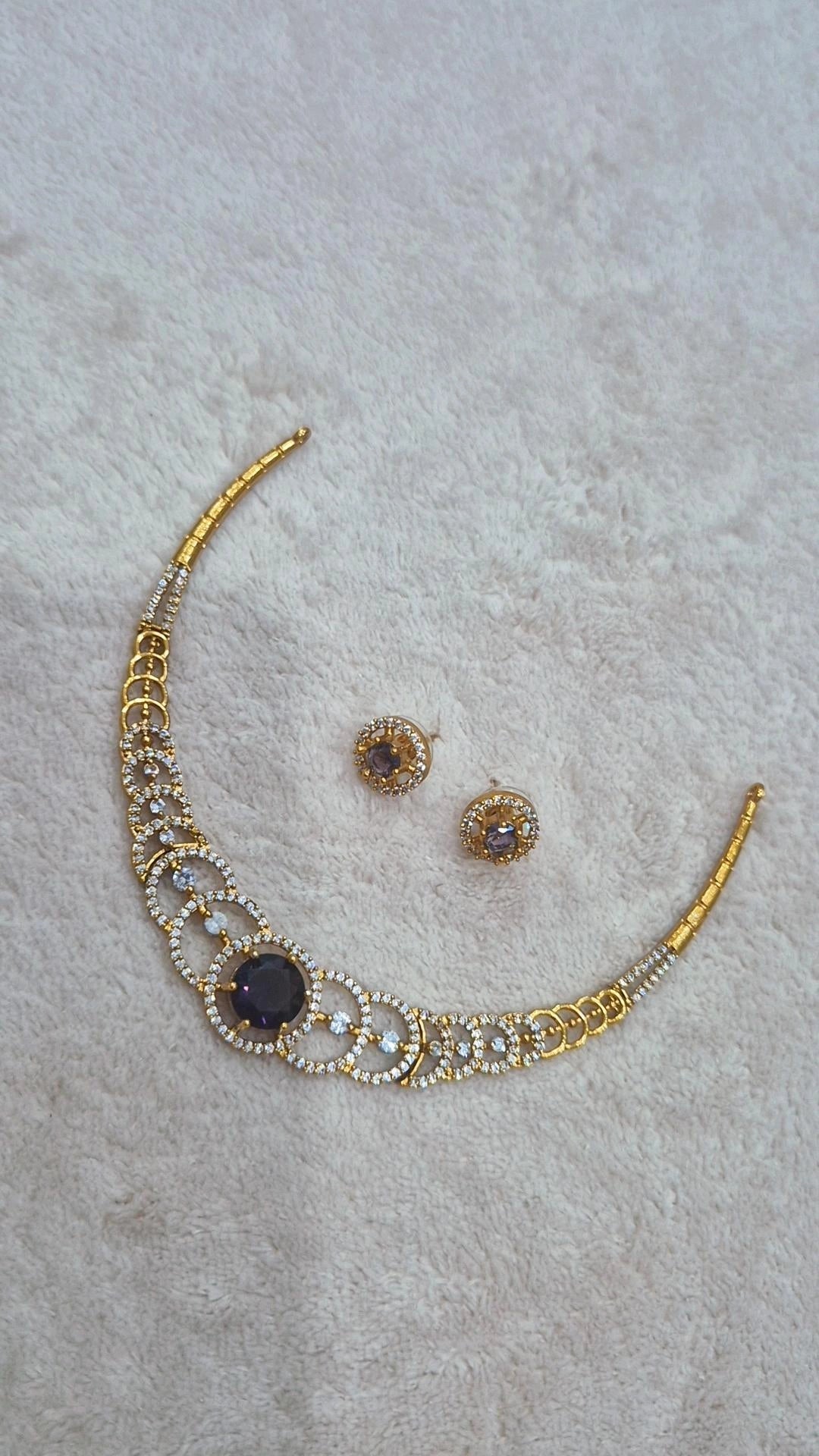 Gold Floral CZ Necklace & Earring Set – Ruby Pink Style 2