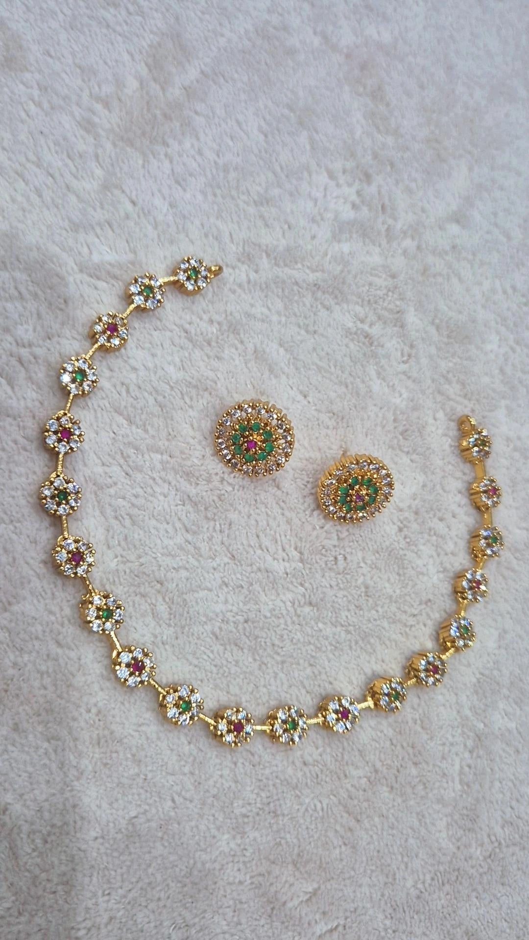 Gold Floral CZ & Ruby Necklace & Earring Set