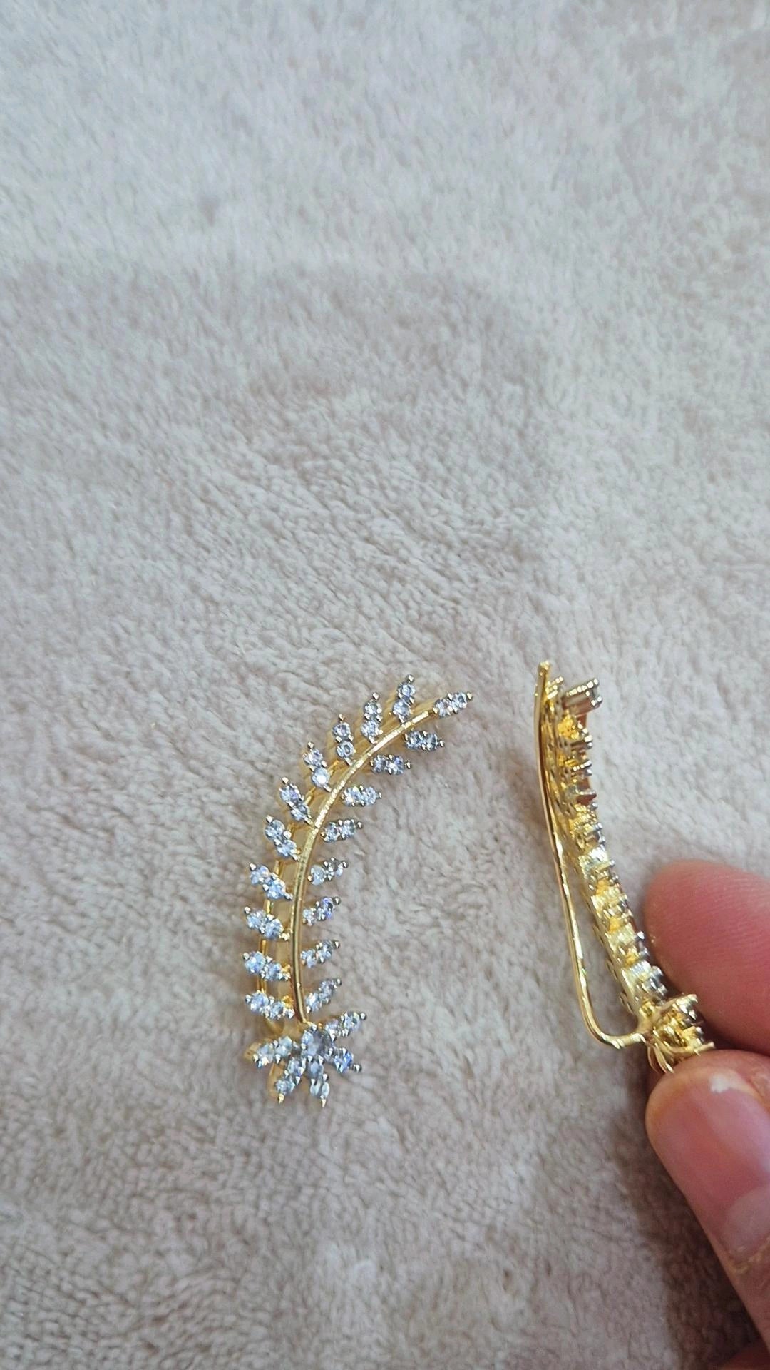 Gold Leaf Ear Cuff with CZ Diamonds – side view