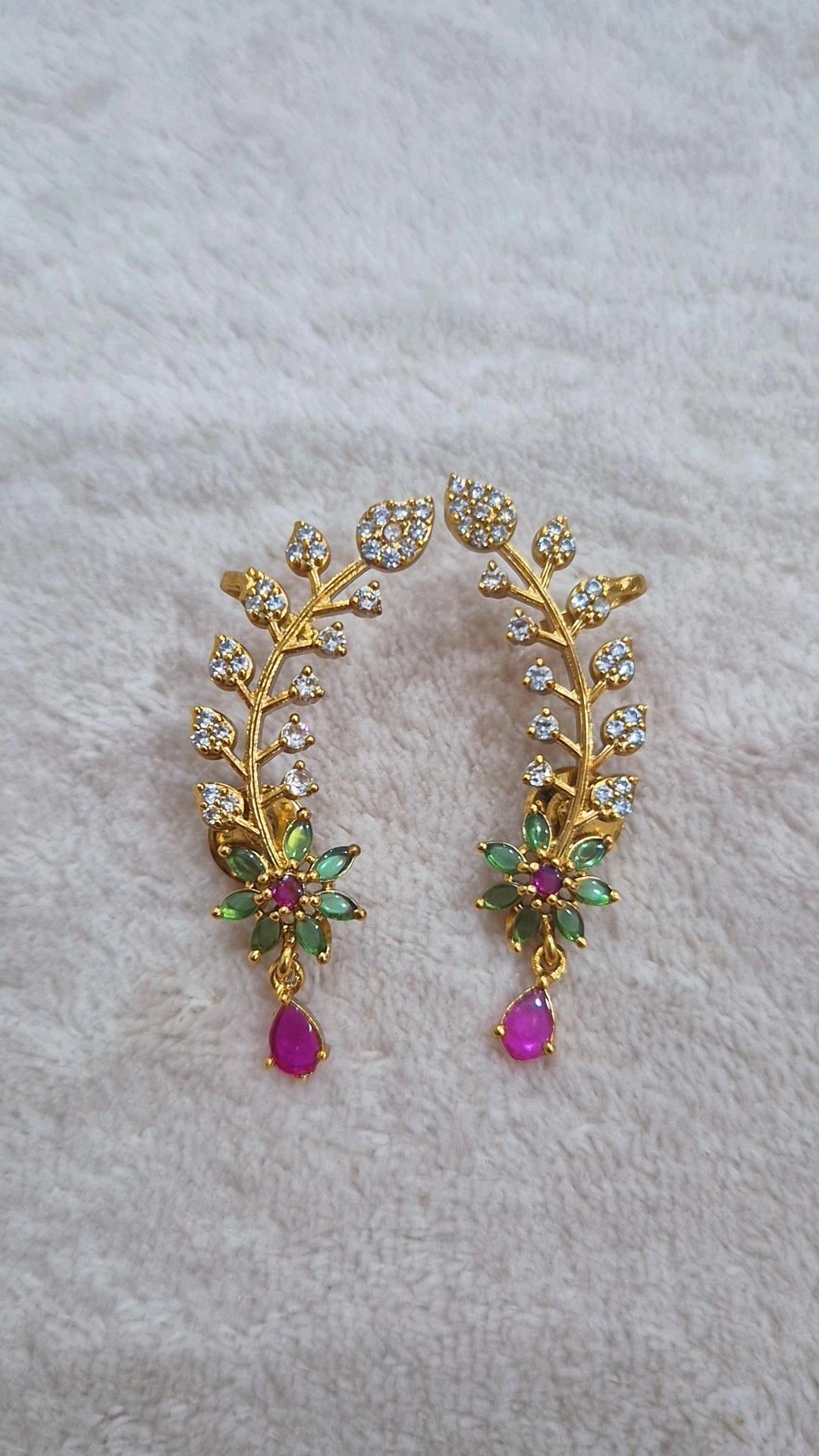 Gold Vine Ear Cuff with Ruby Pink, Emerald Green & CZ Diamonds