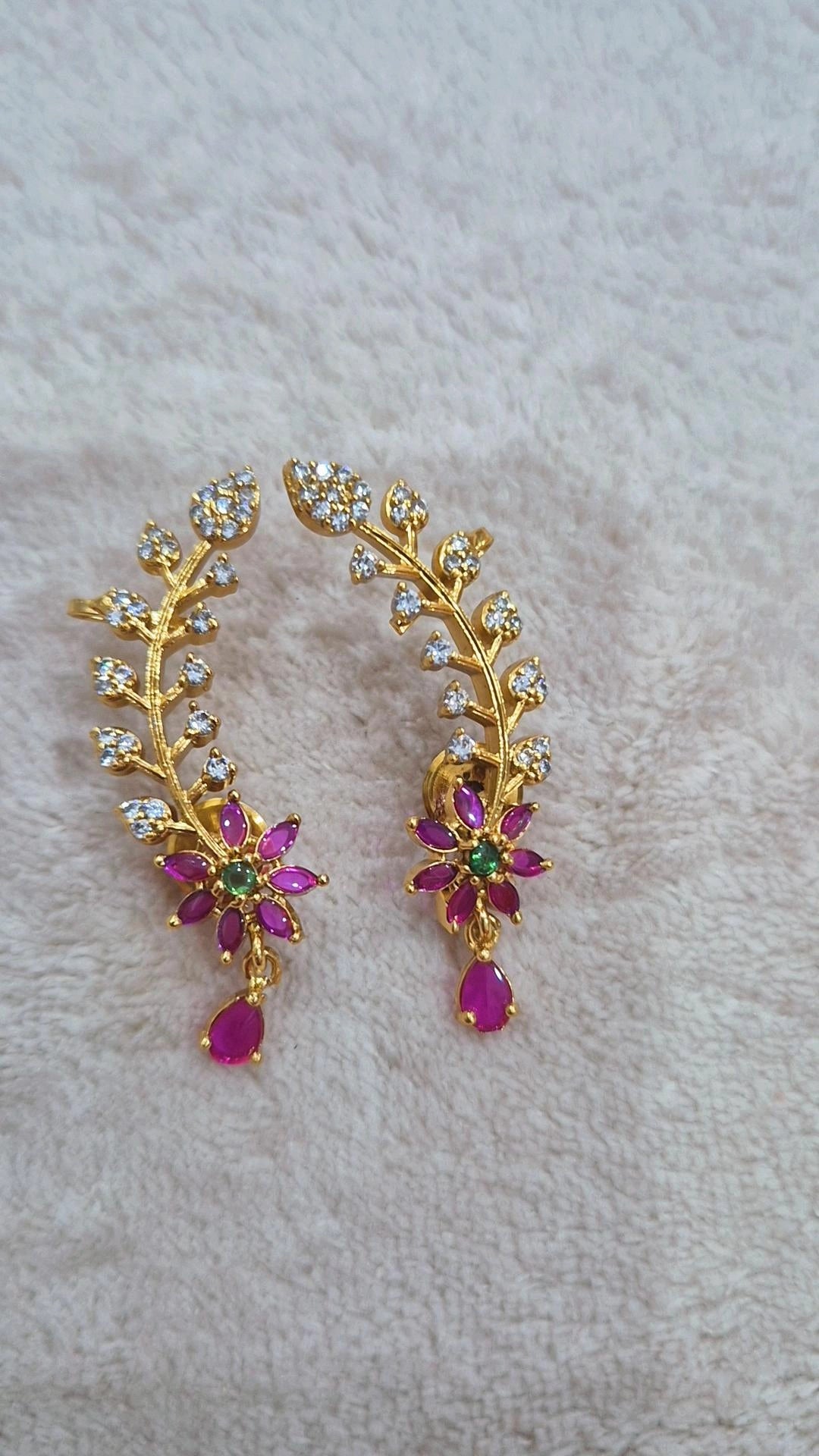 Gold Floral Ear Cuff with Ruby Pink & Emerald Stones
