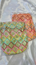 Diamond Check Embroidered Potli Bag - Green & Orange