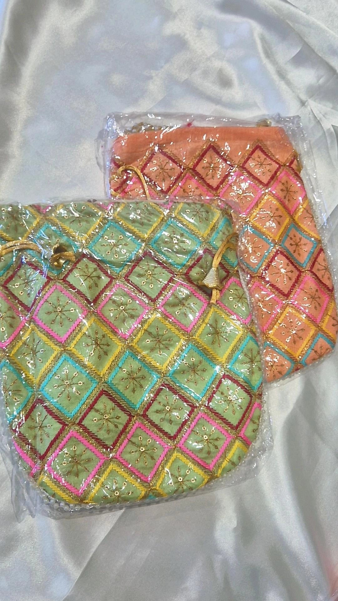 Diamond Check Embroidered Potli Bag - Green & Orange