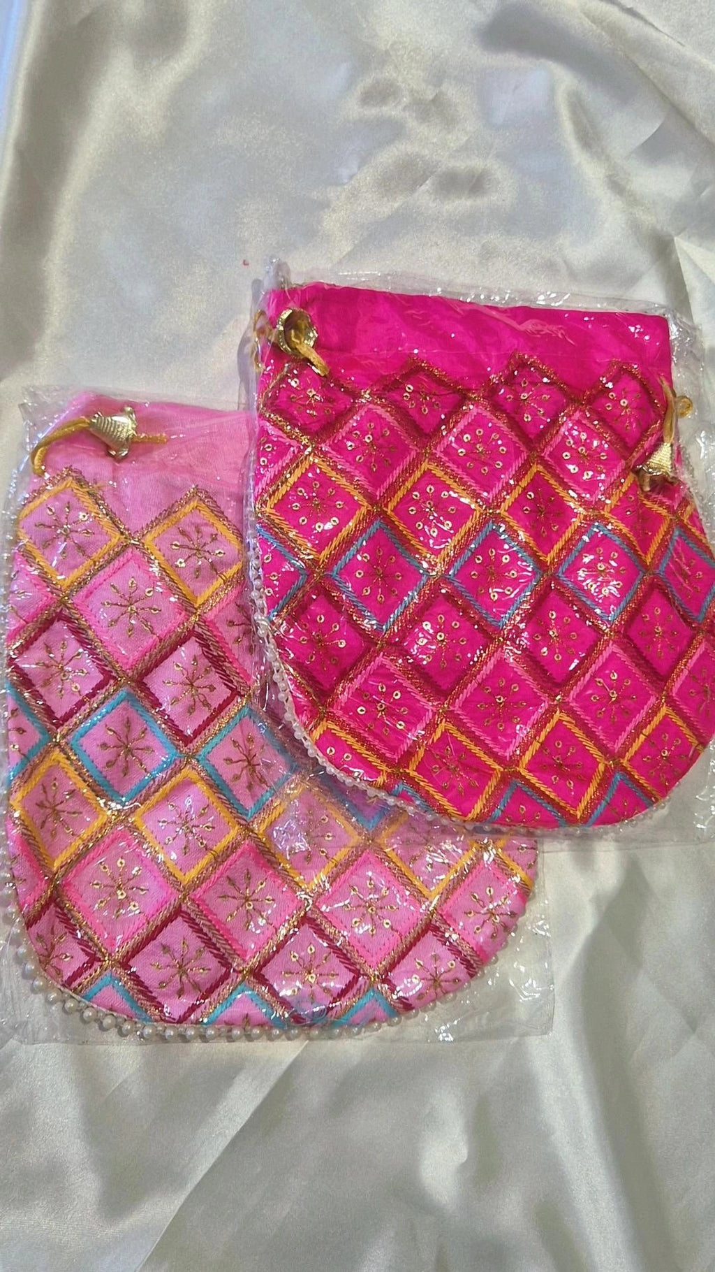 Diamond Check Embroidered Potli Bag - Pink & Hot Pink