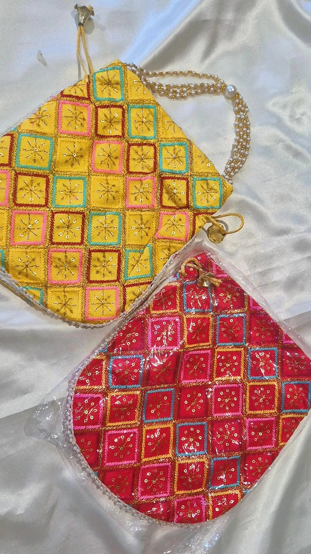 Diamond Check Embroidered Potli Bag - Yellow & Red