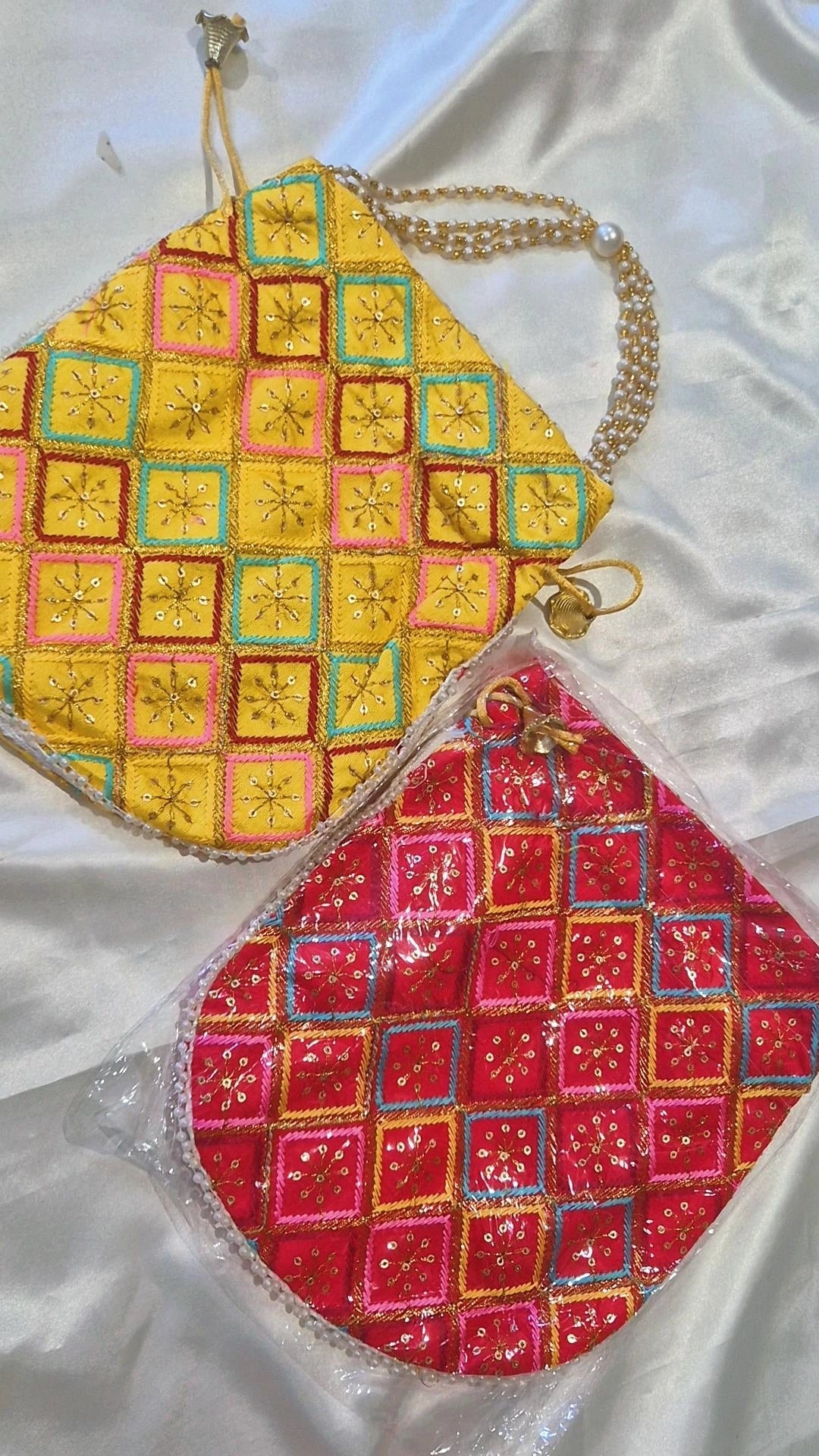 Diamond Check Embroidered Potli Bag - Yellow & Red