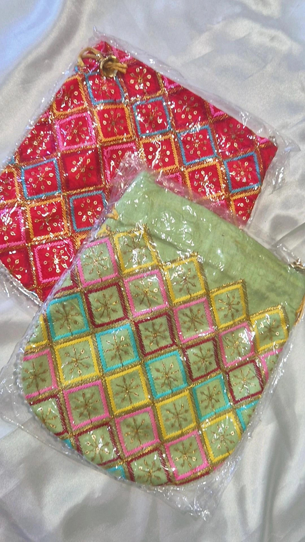 Diamond Check Embroidered Potli Bag - Red & Green