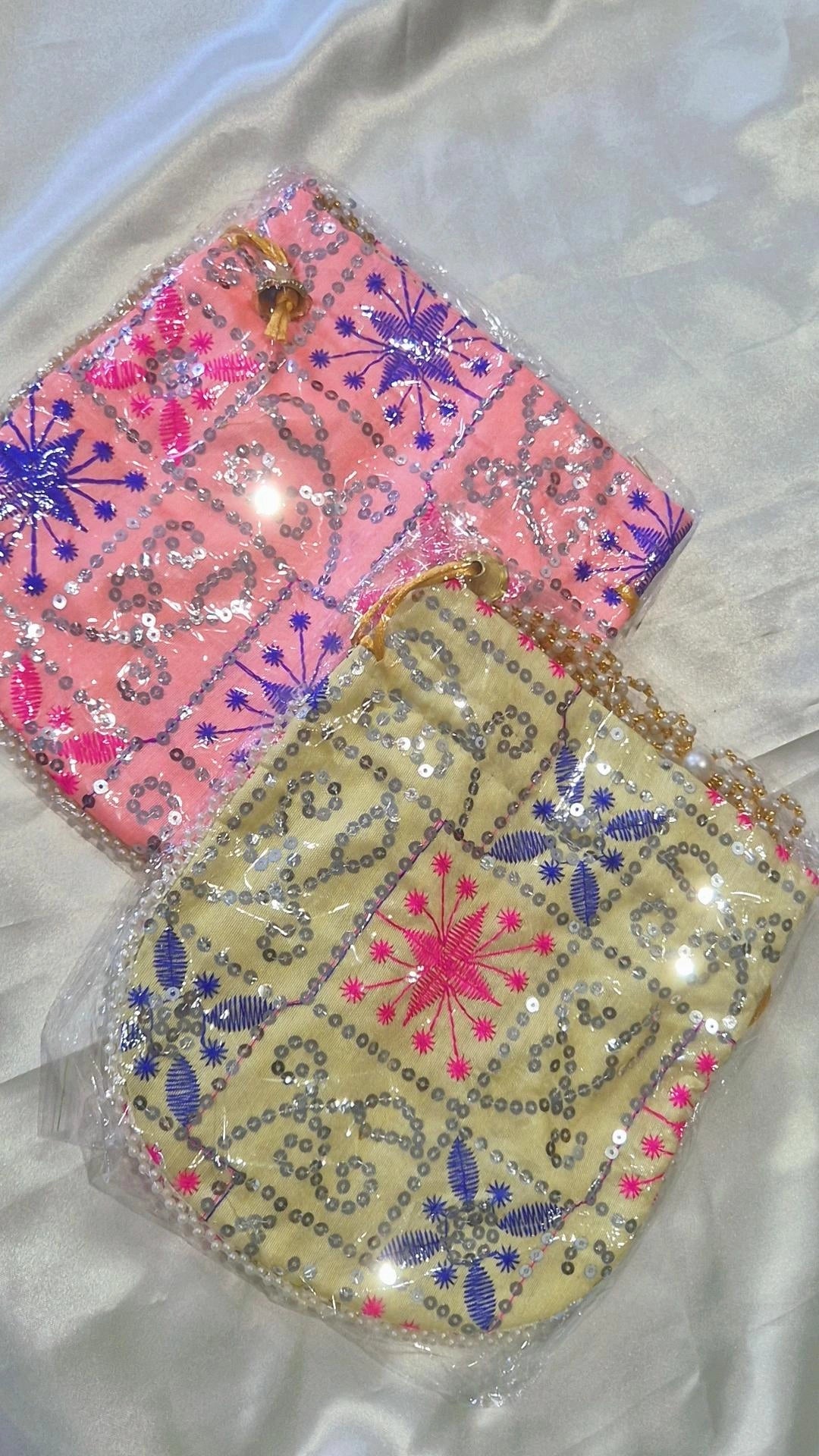 Sequin Starburst Embroidered Potli Bag - Pink & Cream